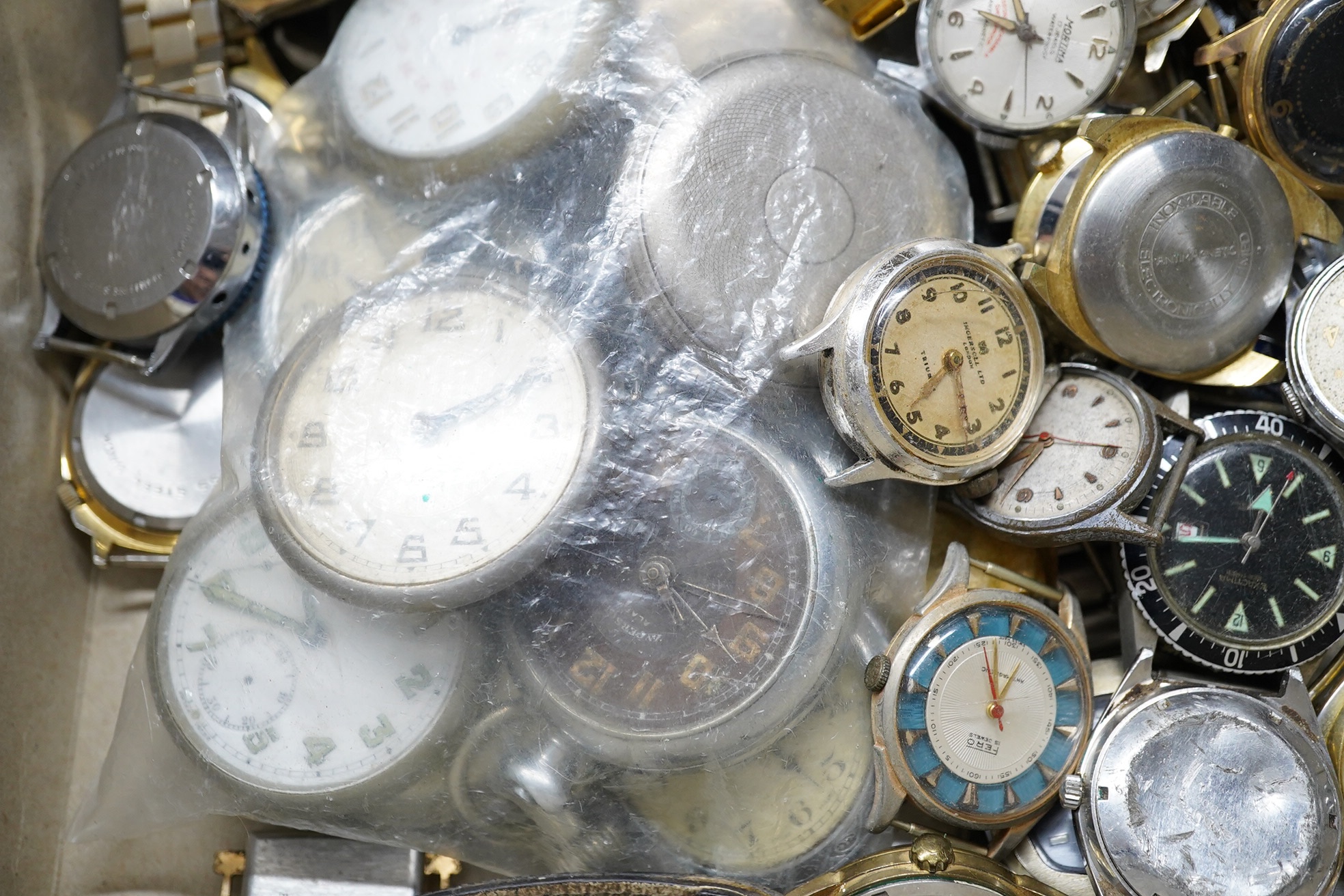 A large collection of assorted mainly gentleman's wrist and pocket watches, including Smiths, Oris and Ingersoll. Condition - poor to fair